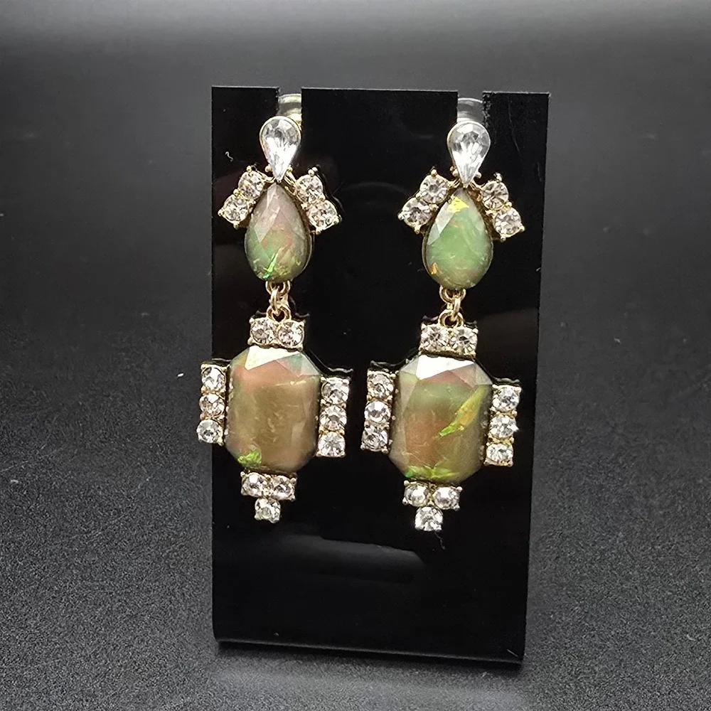 Green Iridescent Rhinestone Earrings Dangle Drop Glam